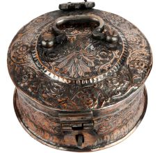 Copper Carved  Paan Daan Box With 6 Containers Big Handle And Latch