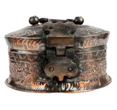 Copper Carved  Paan Daan Box With 6 Containers Big Handle And Latch