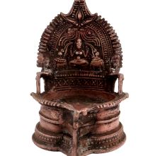 Brass Oil Lamp Engraved Goddess Laxmi And Two Jumbo Elephants