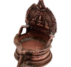 Brass Oil Lamp Engraved Goddess Laxmi And Two Jumbo Elephants