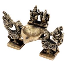 Brass Oil Lamp With  Laxmi Ganesha And Twin Peacocks Statue Festive Diya