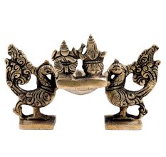 Brass Oil Lamp With  Laxmi Ganesha And Twin Peacocks Statue Festive Diya