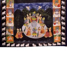 Pichwai Painting Of Lord Krishna With Gopika peepal Trees Cows and Peacock On Fabric