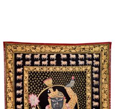 Srinathji Painting On Black Cloth With Cows in Border