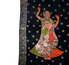 Pichwai Painting Of Lord Krishna with Gopies Floral Motifs On Black Cloth