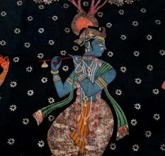 Pichwai Painting Of Lord Krishna with Gopies Floral Motifs On Black Cloth
