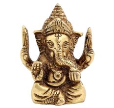 Brass Ganesha Statue Sitting On Chowki Chaturbhurj Pose