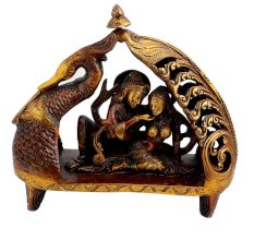 Ornate  Brass Radha Krishna Romance In Peacock Chowki