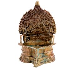 Brass Kamakshi vilakku Oil Lamp With Lakshmi And Two Jumbo Elephants