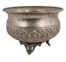 Old Copper Floral Design Embossed Bowl With Legs