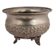 Old Copper Floral Design Embossed Bowl With Legs
