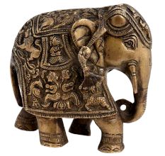 Engraved Brass Elephant Statue Trunk Up Showpiece