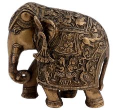 Engraved Brass Elephant Statue Trunk Up Showpiece