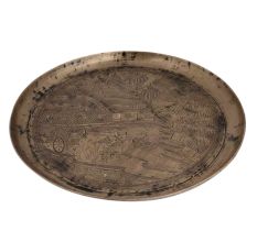Serving Tray or Plate Engraved with Indian Village Scene In Bell Metal