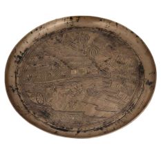 Serving Tray or Plate Engraved with Indian Village Scene In Bell Metal
