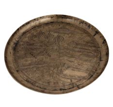 Tray engraved with village South India Farming Scene Paddy Fields In Bell metal