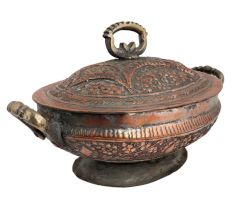 Copper Serving Bowl Engraved Floral And Leafy Design