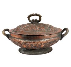 Copper Serving Bowl Engraved Floral And Leafy Design