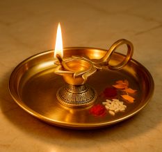 Brass Lotus Shape Oil Lamp On Stand With Handle