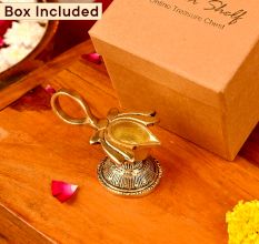 Brass Lotus Shape Oil Lamp On Stand With Handle