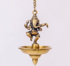 Brass Lord Ganesha With Hanging Lamp Or Diya