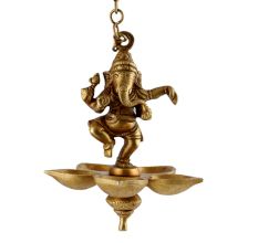 Brass Lord Ganesha Four Wicks Hanging Lamp Or Diya