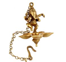 Brass Lord Ganesha Four Wicks Hanging Lamp Or Diya