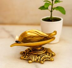 Handmade Brass Leaf Shaped Oil Lamp For Diwali Pooja