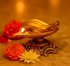 Handmade Brass Leaf Shaped Oil Lamp For Diwali Pooja