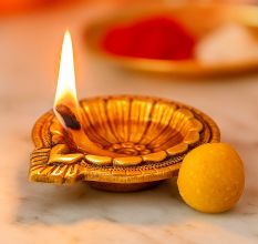 Brass Flower Engraved Diya Oil Lamp