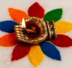 Engraved Design Two Hands Brass Diya Oil Lamp