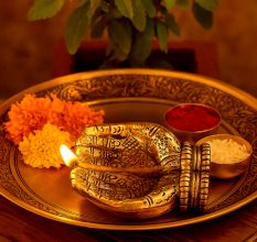 Engraved Design Two Hands Brass Diya Oil Lamp