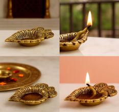 Brass Leaf Oil Lamp with Intricate Design