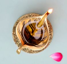 Brass Pepal Leaf Oil Lamp Diya On Decorative Base
