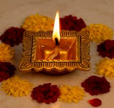 Brass Engraved Square Oil Lamp Diya For Mandir