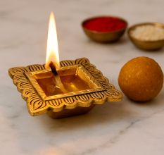 Brass Engraved Square Oil Lamp Diya For Mandir
