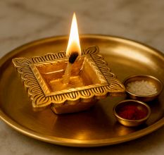 Brass Engraved Square Oil Lamp Diya For Mandir