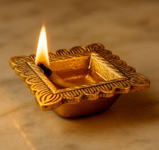 Brass Engraved Square Oil Lamp Diya For Mandir