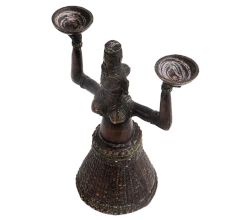 Brass Gujarat Tribal Women Holding Two Bowls Candle Holder