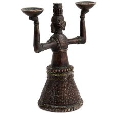 Brass Gujarat Tribal Women Holding Two Bowls Candle Holder
