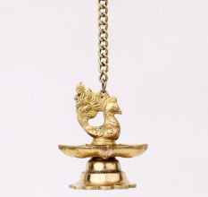 2 Pieces Brass Peacock 7 Wick Hanging Chain Diya