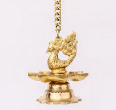 2 Pieces Brass Peacock 7 Wick Hanging Chain Diya