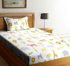 SWHF Chic Home Kids 180 TC Cotton Single Bedsheet with One Pillow Covers (Zoo)