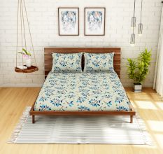 Spaces 104 TC Cotton Double Bed Sheet with 2 Pillow Covers In Blue