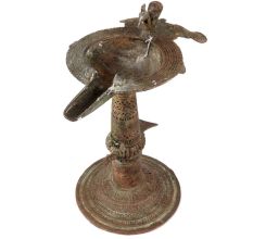 Dhokra Brass Work Oil Lamp With Peacock Carving