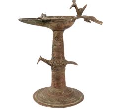 Dhokra Brass Work Oil Lamp With Peacock Carving