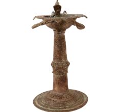 Dhokra Brass Work Oil Lamp With Peacock Carving