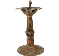 Dhokra Brass Work Oil Lamp With Peacock Carving