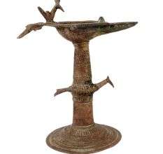 Dhokra Brass Work Oil Lamp With Peacock Carving