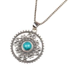 Round Engraved Blue Stone Sterling Silver Pendant